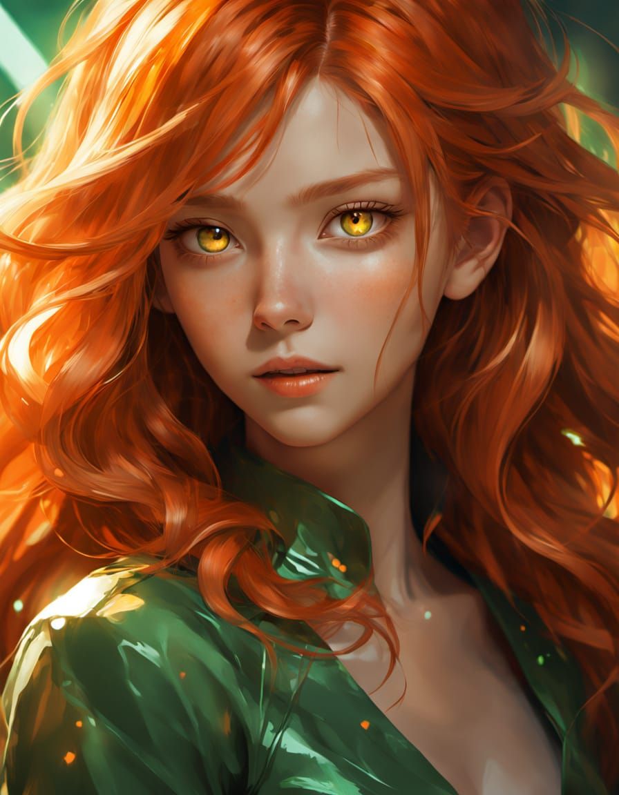 Beautiful Woman with Orange Hair, Anime Oil Painting
