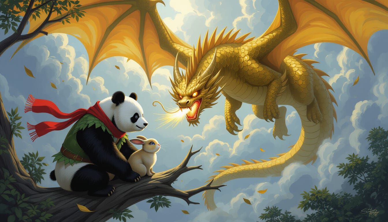 Panda Shields Rabbit From Golden Dragon