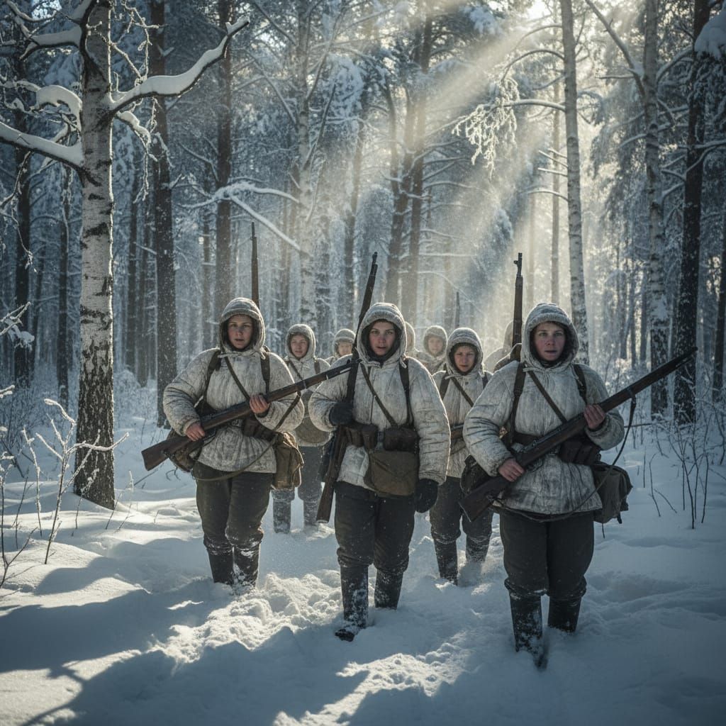 Russian Partisan Women Soldiers in WWII Winter Forest