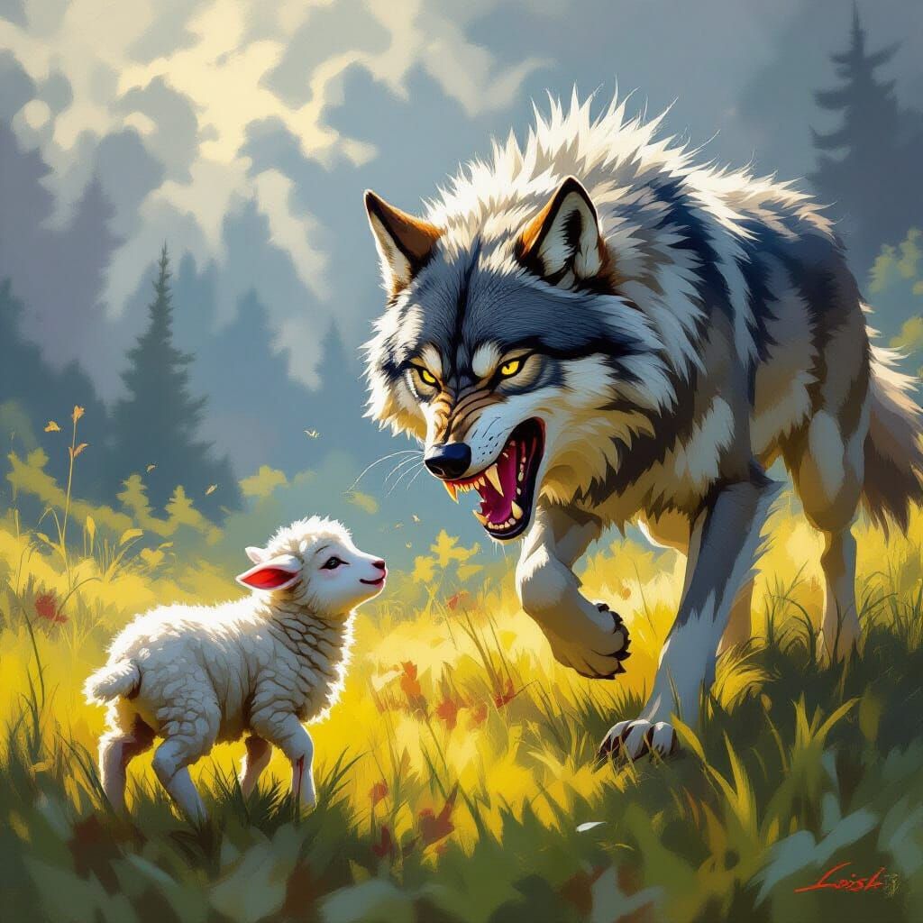 Lamb and Wolf in a Lush Meadow