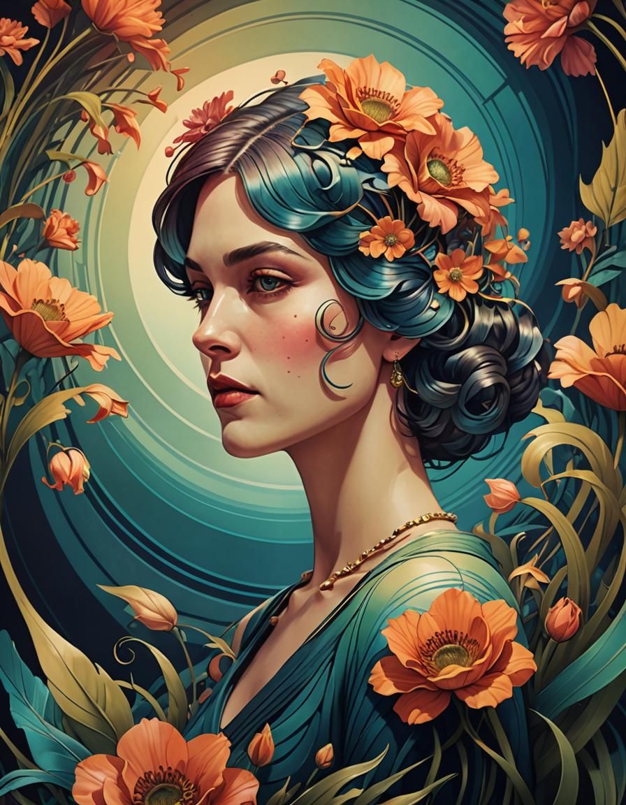 Art Deco Woman with Floral Vorticism in HDR