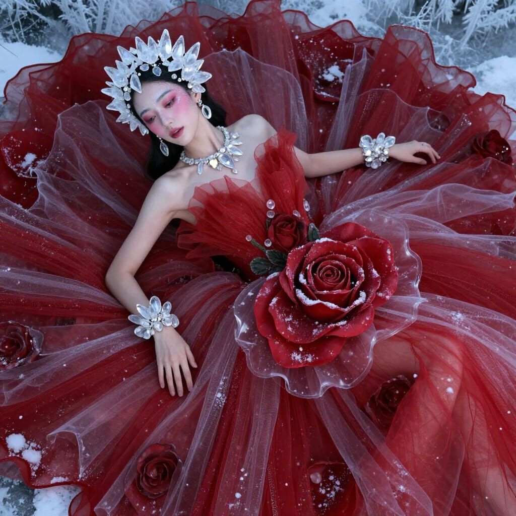 Avant-Garde Woman in Frozen Rose Couture Dress