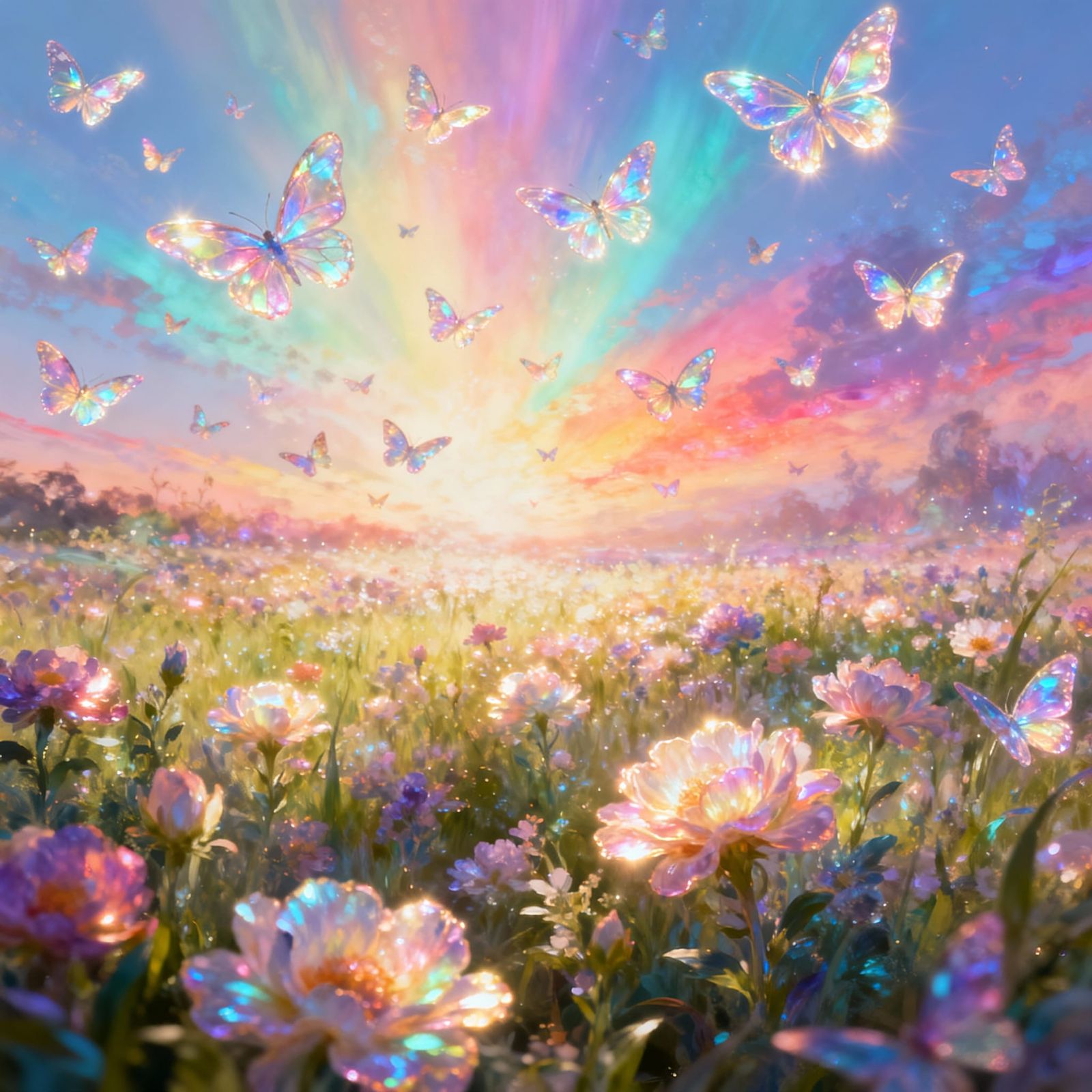 Prismatic Butterflies in Vivid Sunset Sky
