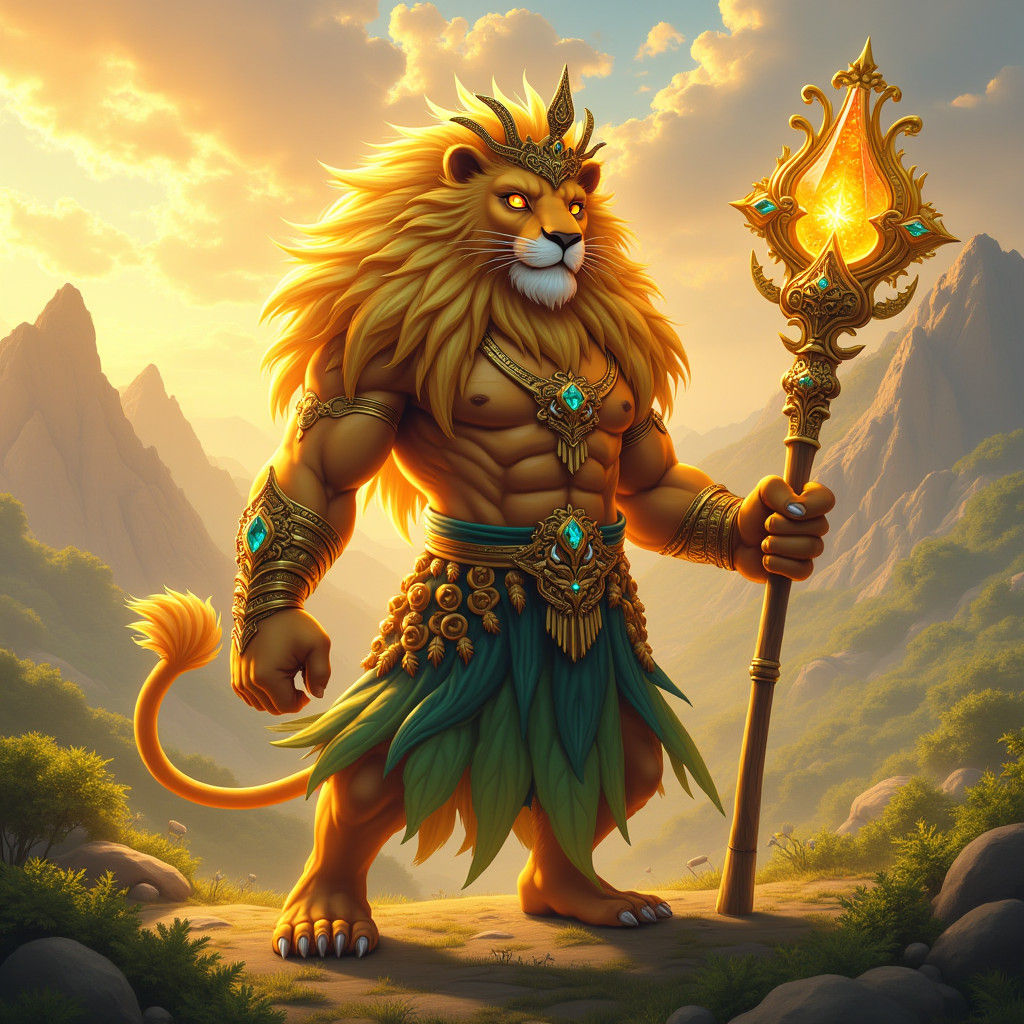 Majestic Lion King with Golden Fur and Crystal Staff