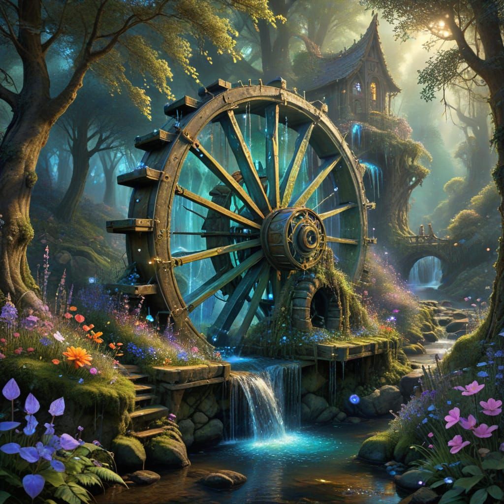 Whimsical Waterwheel Amidst Enchanted Forest