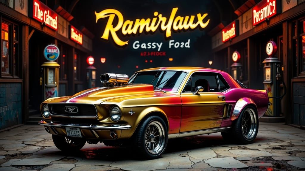 Surreal Art Nouveau Car in a Retro Gas Station, with Hyper-R...