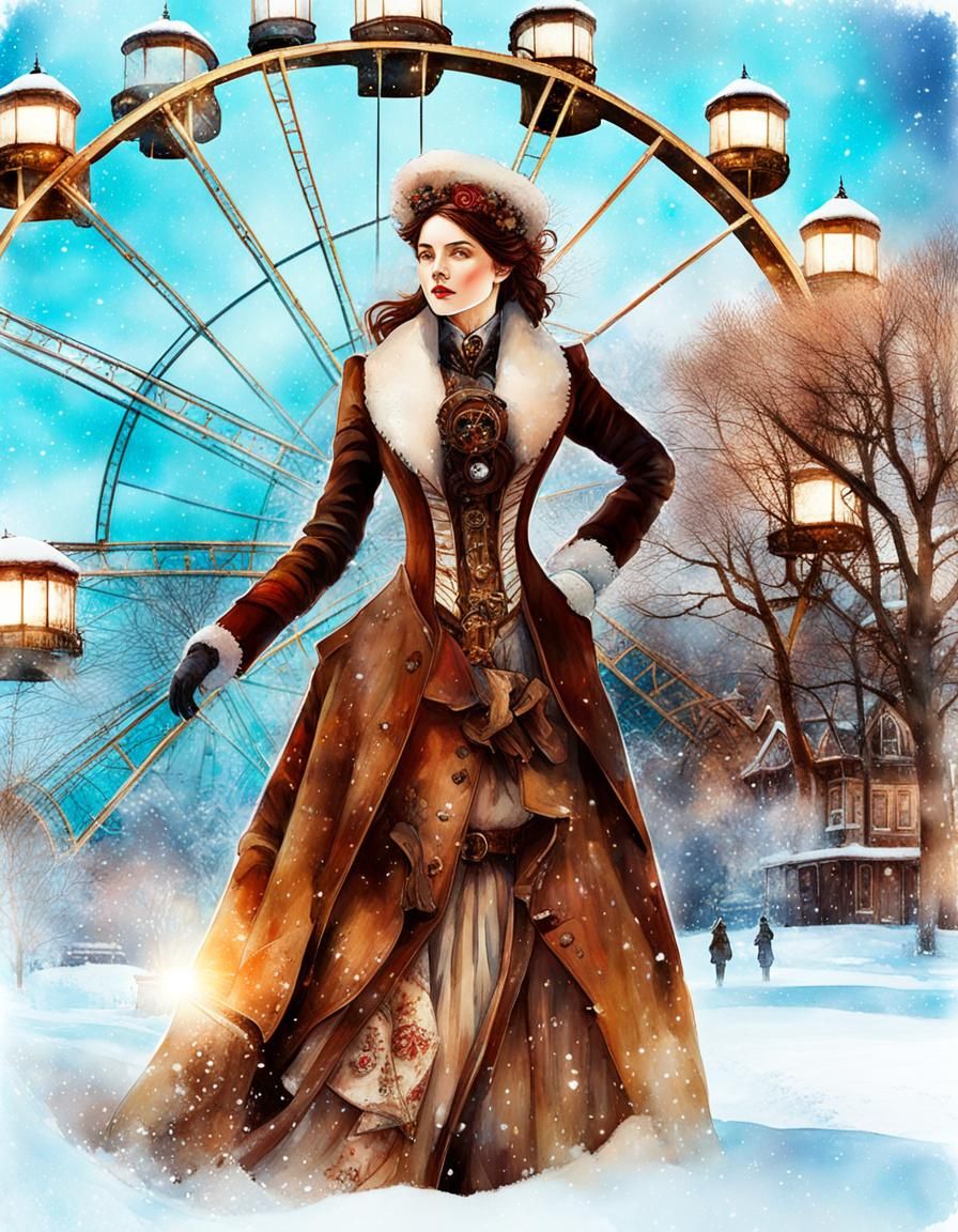 Steampunk Woman in Winter Wonderland Watercolor Art