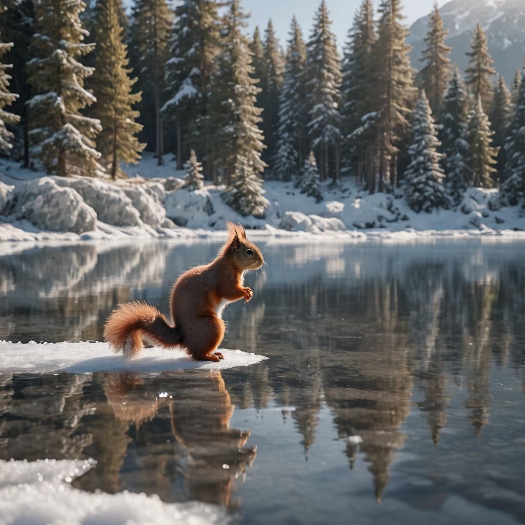 Red Squirrel on Frozen Lake: Digital Matte Painting