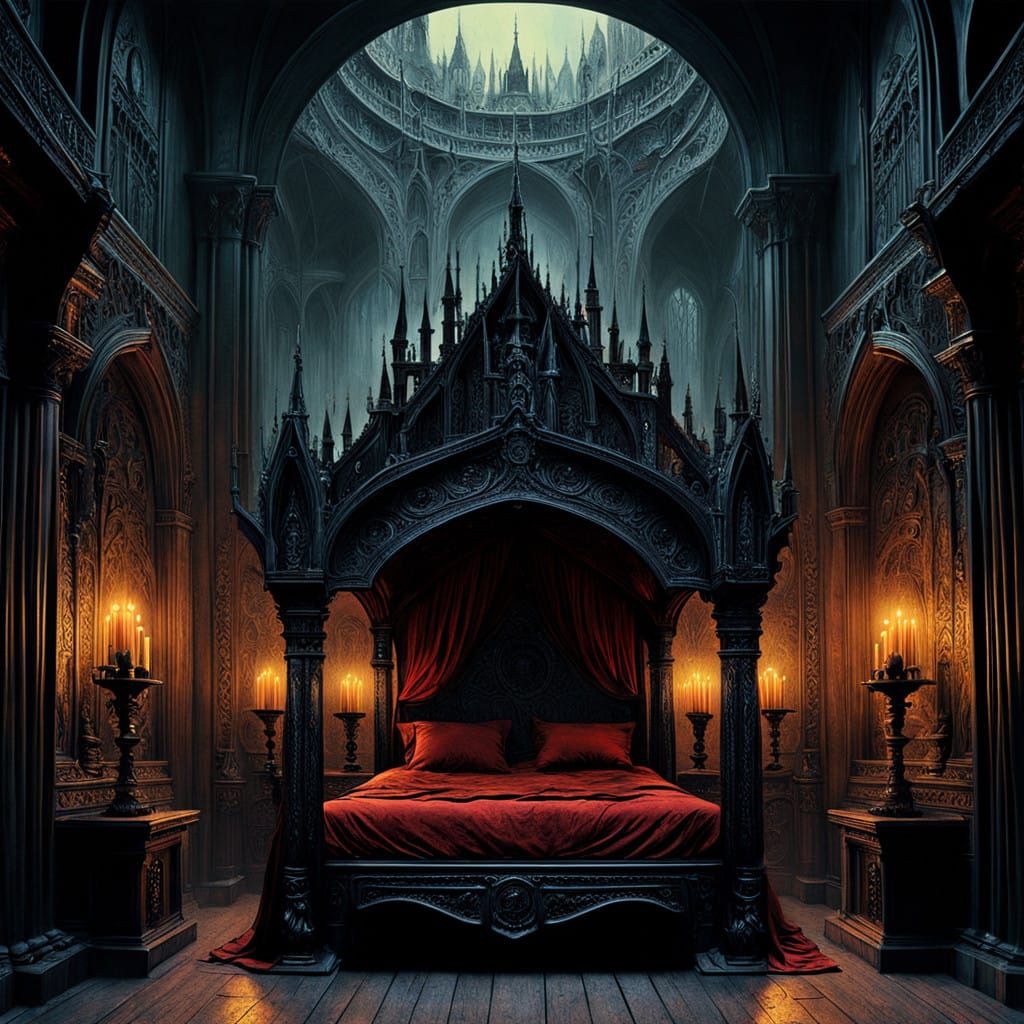 Ethereal Crimson Gothic Bed in a Dark, Mystical Chamber
