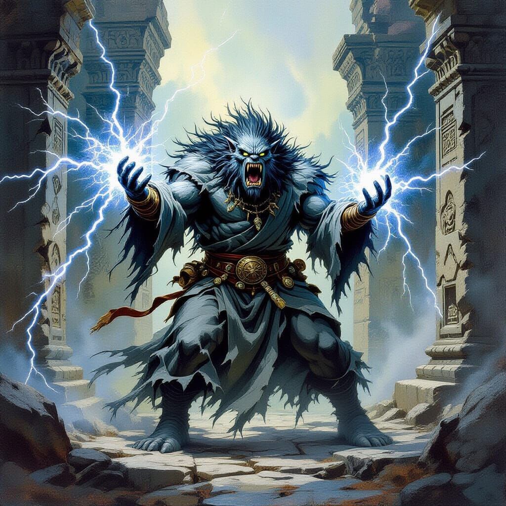 Electrifying Grey Monster in Ancient Ruins