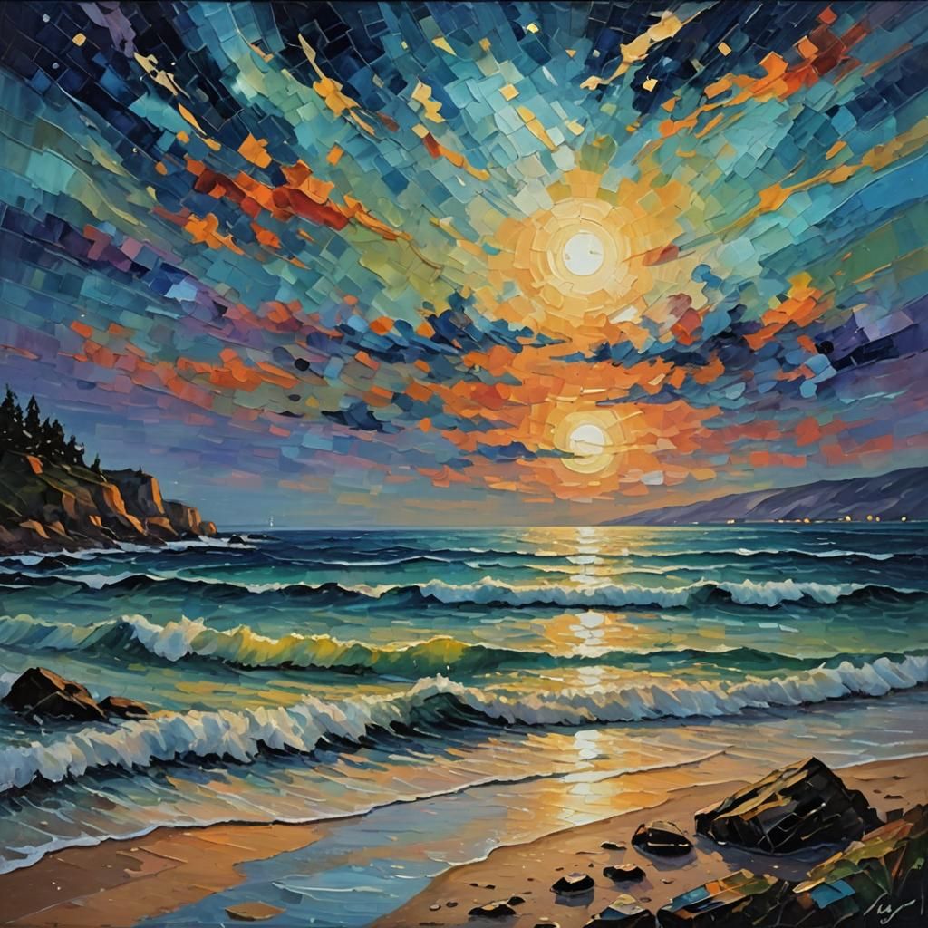 Summer Night Sea in Expressionist Impasto Style