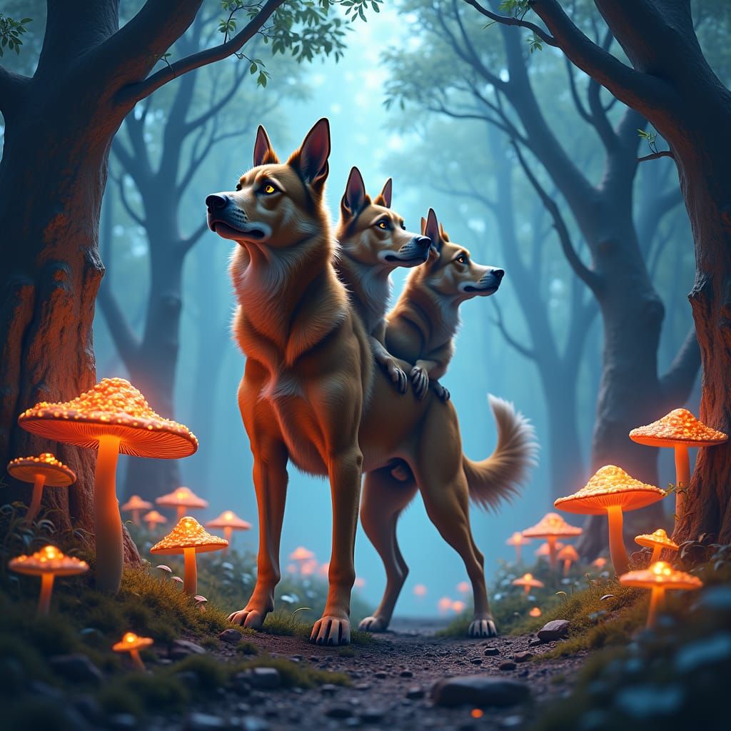 Three-Headed Dog Guarding Mystical Forest