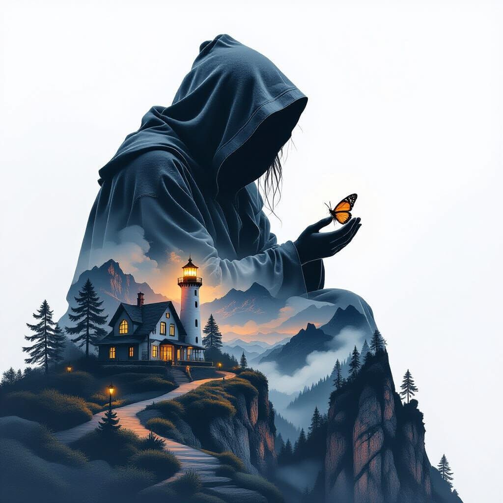 Mystical Creature with Moth in Fairy-Tale Landscape