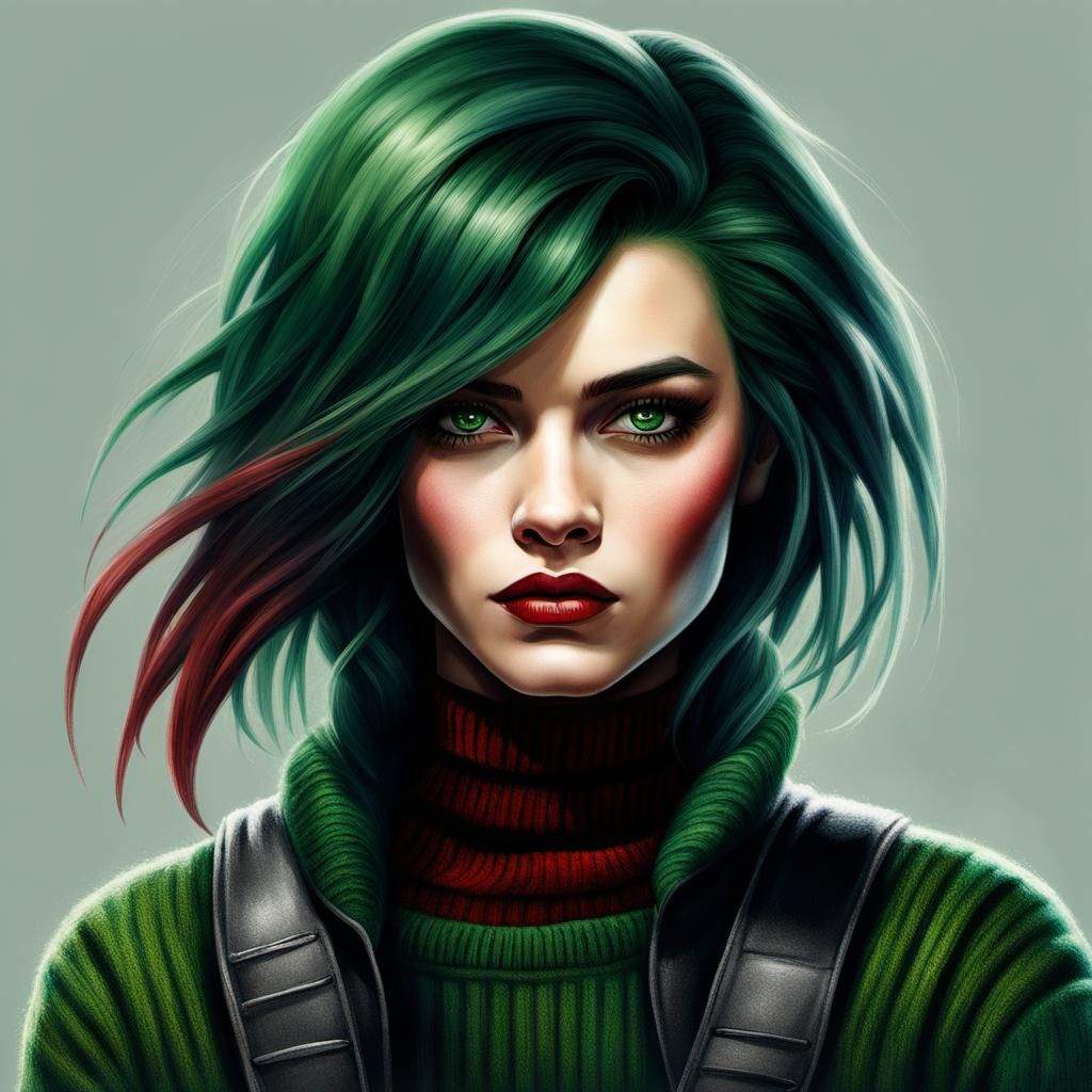 Mysterious Fantasy Warrior in Emerald Green and Crimson Red