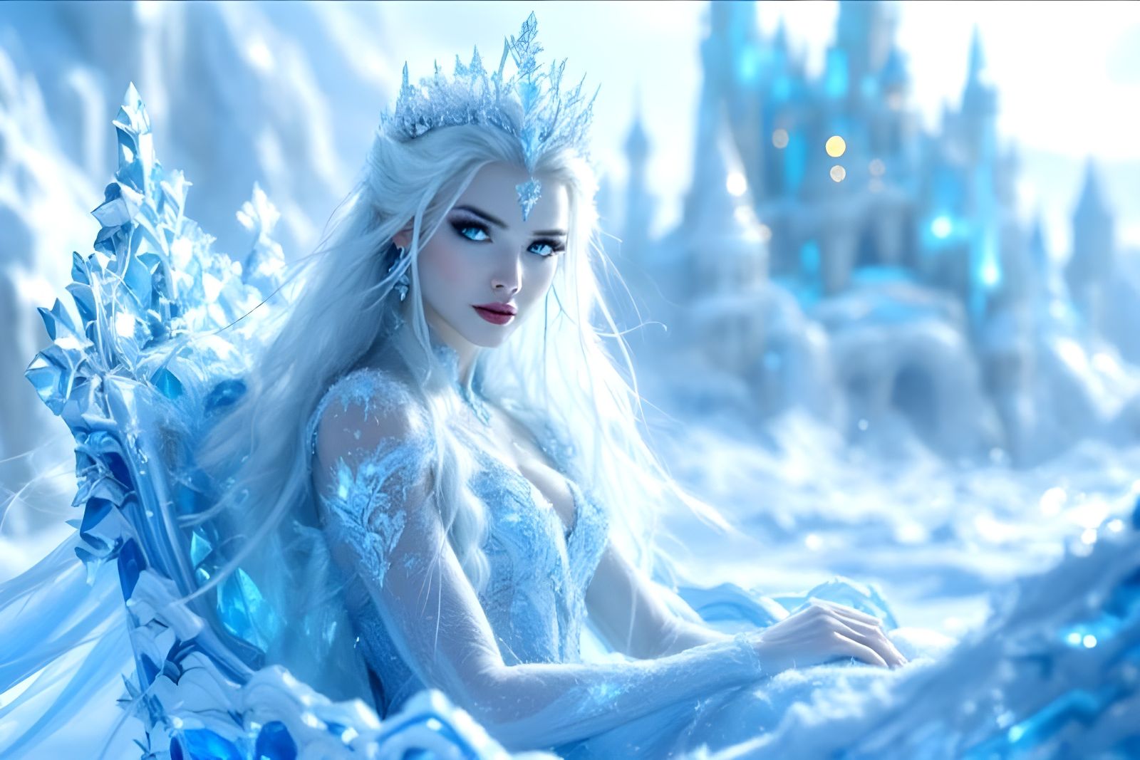 Majestic Snow Queen in Ice Sleigh, Digital Art