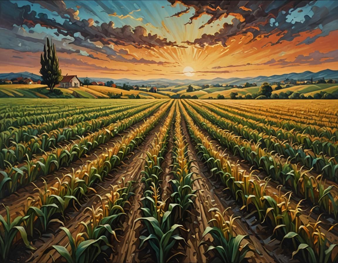 Surreal Cornfield at Dusk: Oil Painting Landscape