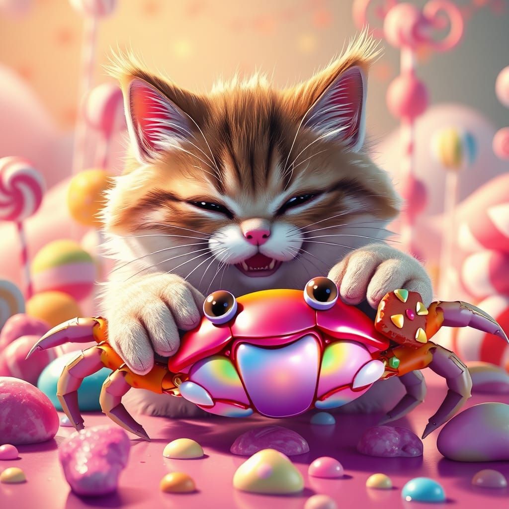 Whimsical Feline Pounces on Rainbow Crab in Candyland Dreams...