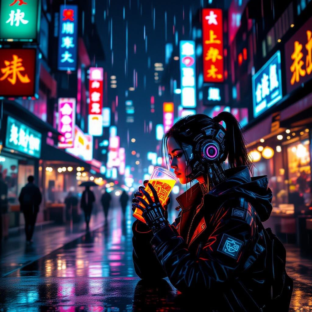 Cyberpunk Street Market at Night with Cybernetic Woman