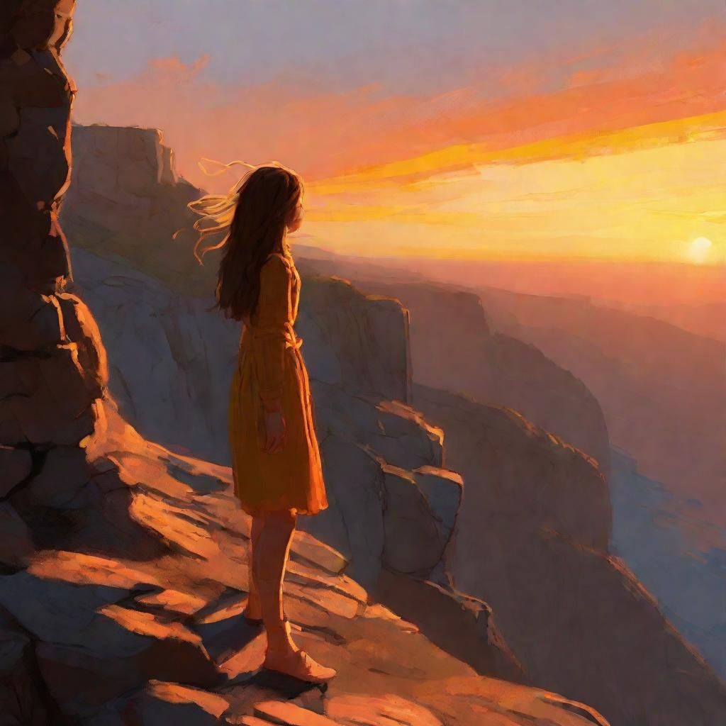 Girl Watching Sunset in Impressionistic Style