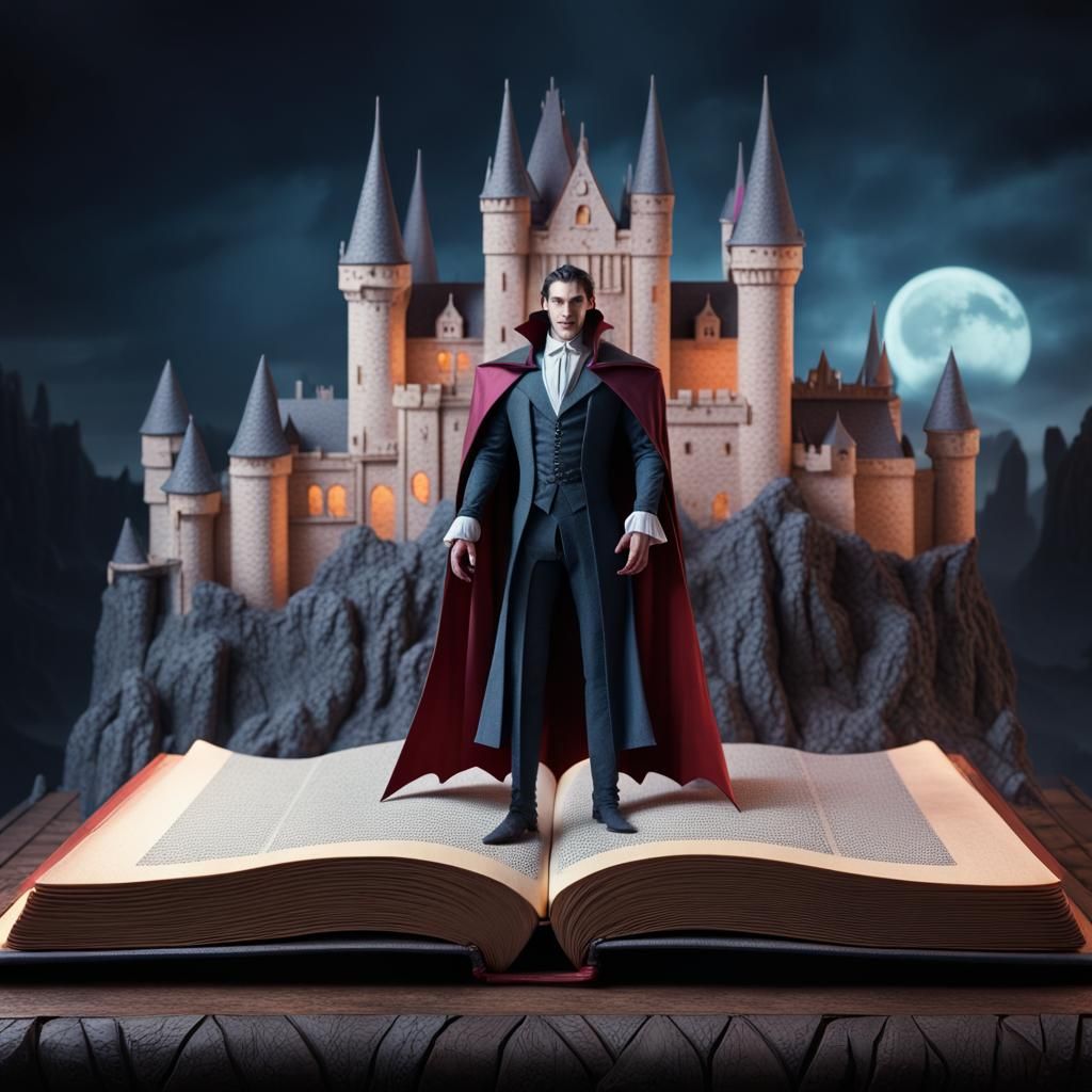 Awesome magical pop-up fantasy world Dracula is standing in front of the castlebrought to life from a magical weathered ...