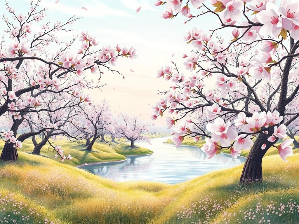 Dreamlike Cherry Blossoms Landscape in Japanese Art Style