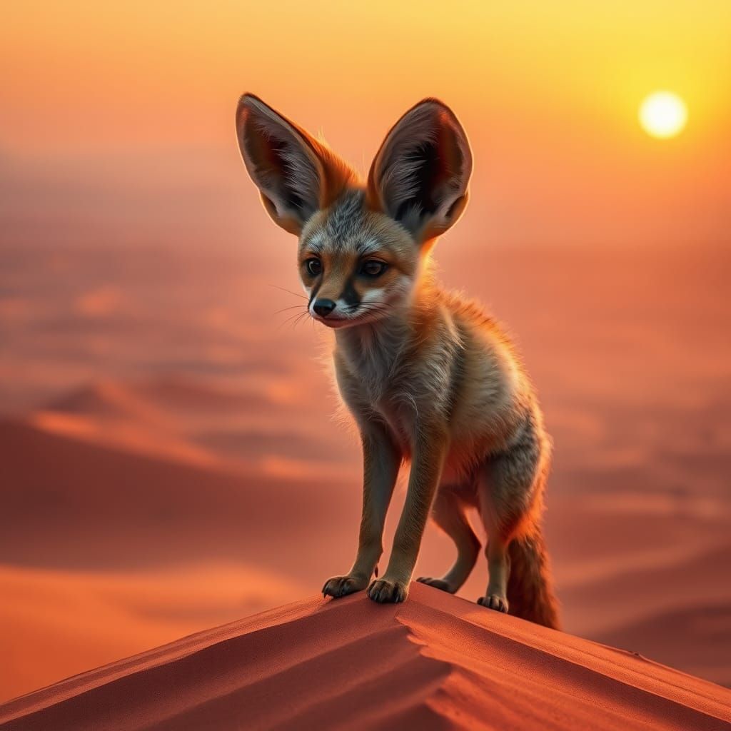Fennec Fox in Dreamlike Sahara Landscape at Twilight
