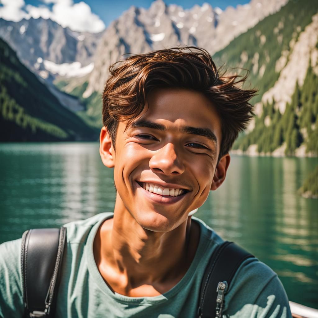 Joyful Boy in Mountain Lake: A Portrait of Happiness