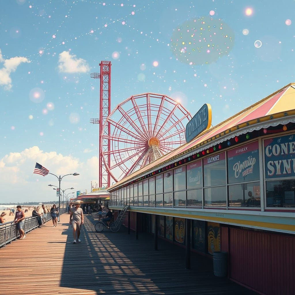 Coney Island Boardwalk Summer Scene in Cosmic Illustration