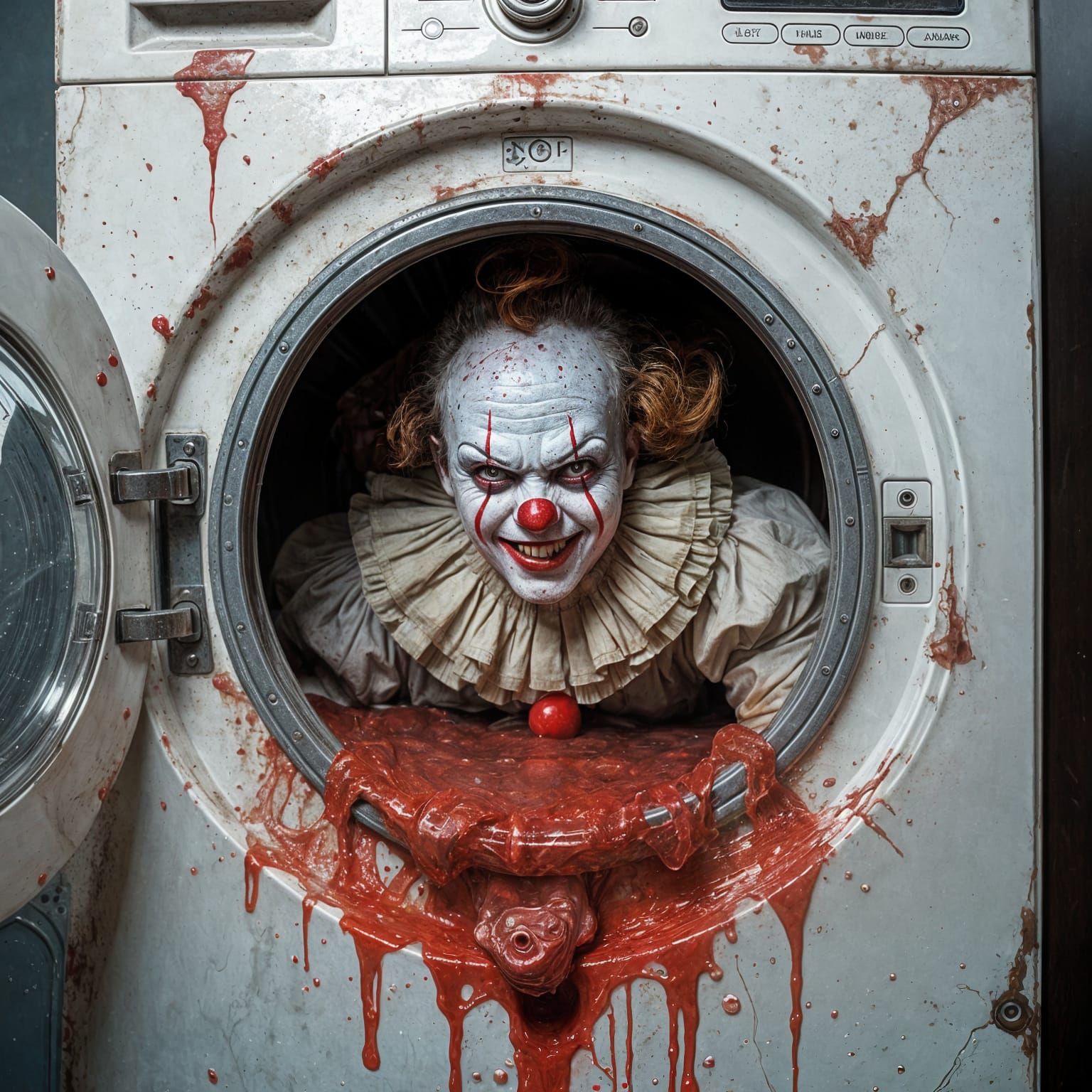 Scary Clown Inside Washing Machine with Blood Red Suds