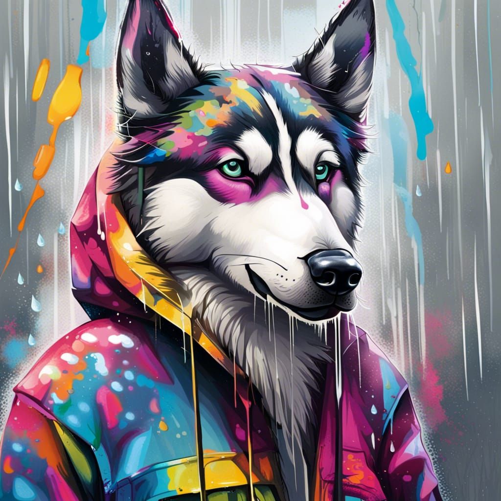 Proud Husky in Rain: Graffiti Splash Art