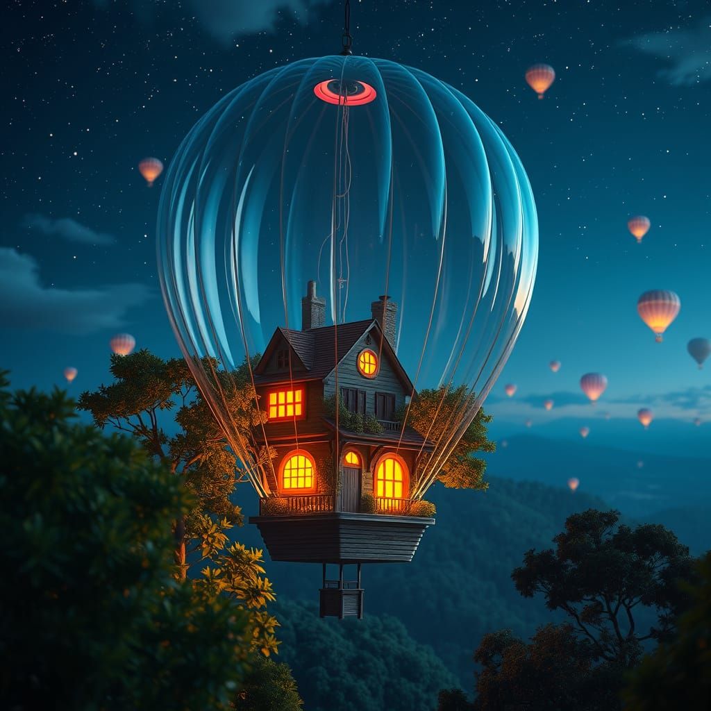 Glass Hot Air Balloon Carrying Enchanted House in Whimsical ...