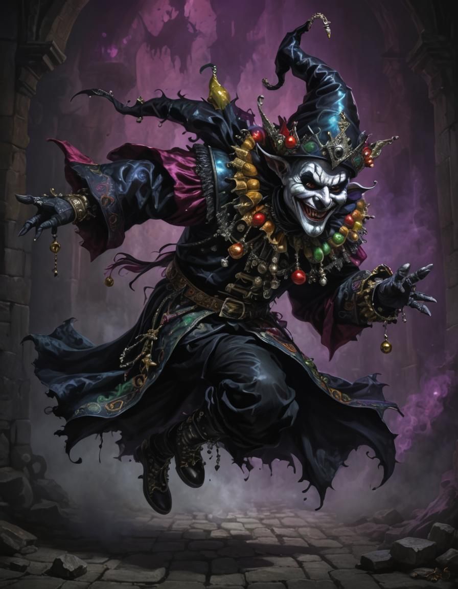 Sinister Jester Running, Dark Fantasy in Gothic Style