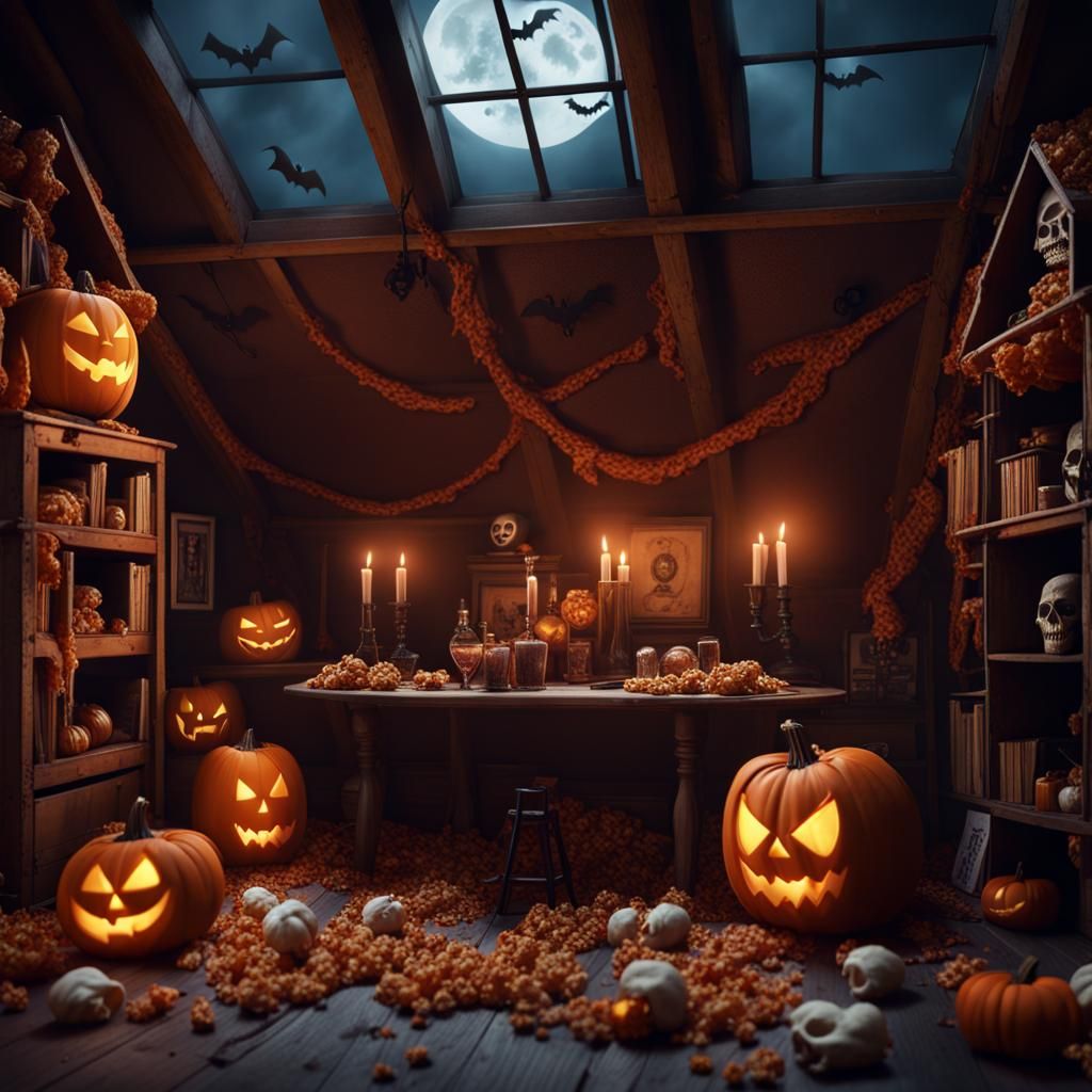 Halloween Attic Movie Night in Detailed Matte Painting