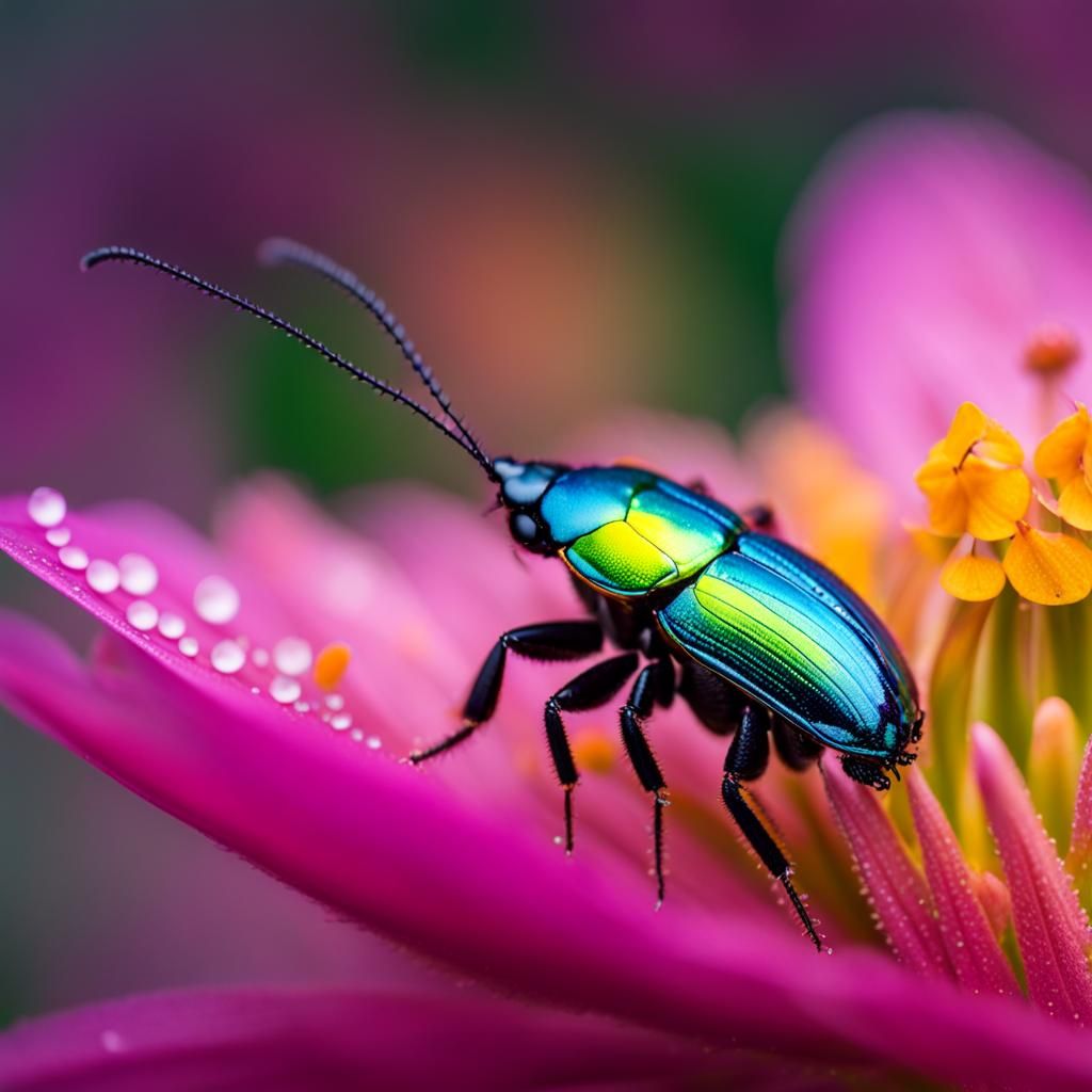 Iridescent Beetle on Dewy Flower, Professional Photography