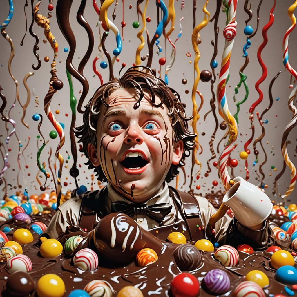 Augustus Gloop in Chocolate Pipe: Hyperrealistic Splash Art