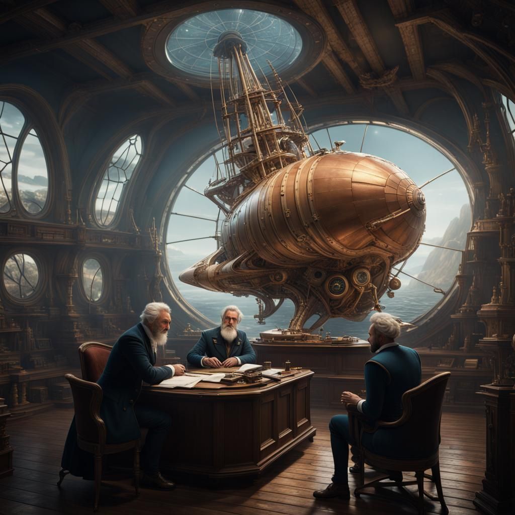 Verne and Tesla Examine Nautilus Model: Fantasy Concept Art