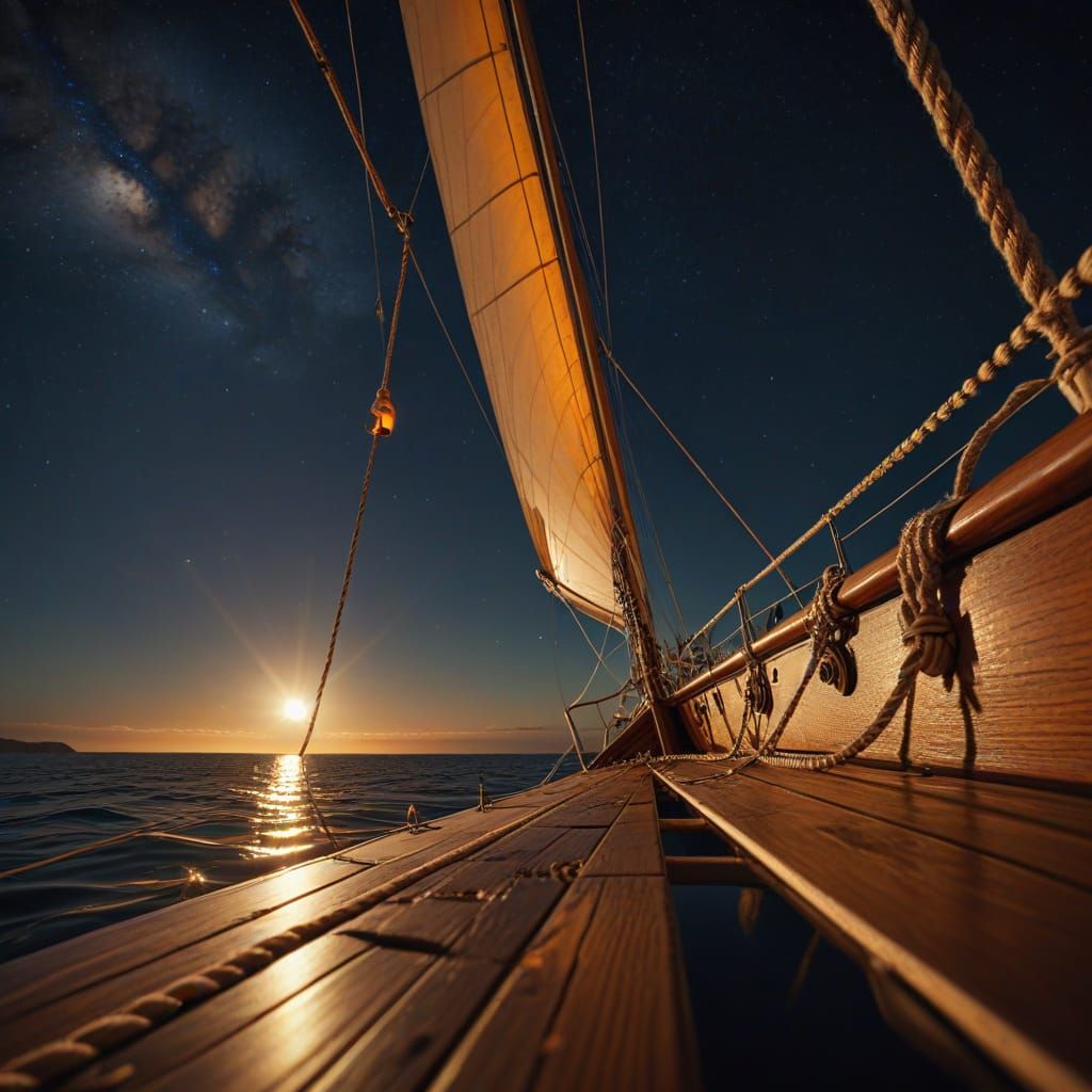 Sailboat Deck View: Stars and Amber Glow in Digital Art