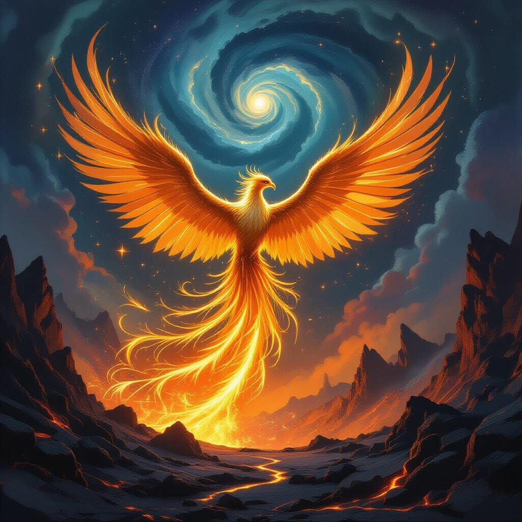 Majestic Phoenix Rises from Volcanic Crater in Fantasy Art S...