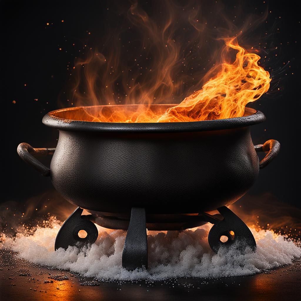 Fiery Flame Dances Within Iron Cauldron