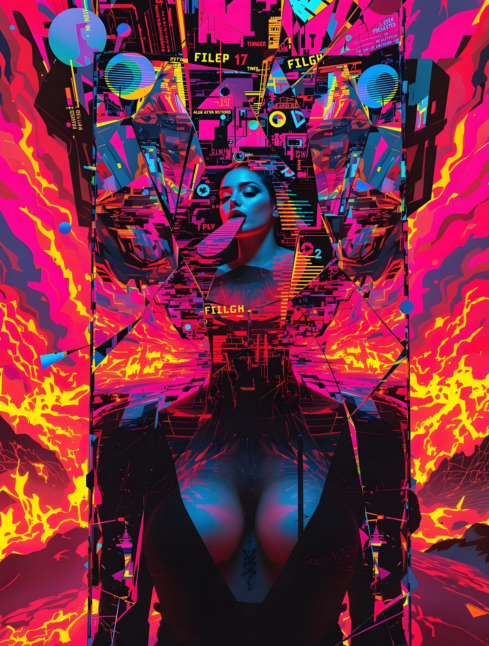 Woman Surrounded by Glitch Art in Surreal Landscape