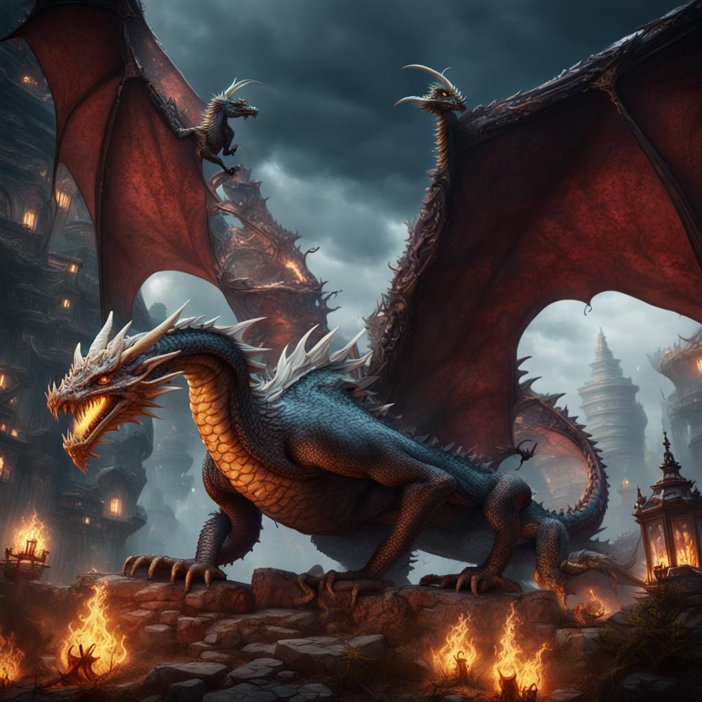 Fantasy Dragon Havoc: Detailed Matte Painting