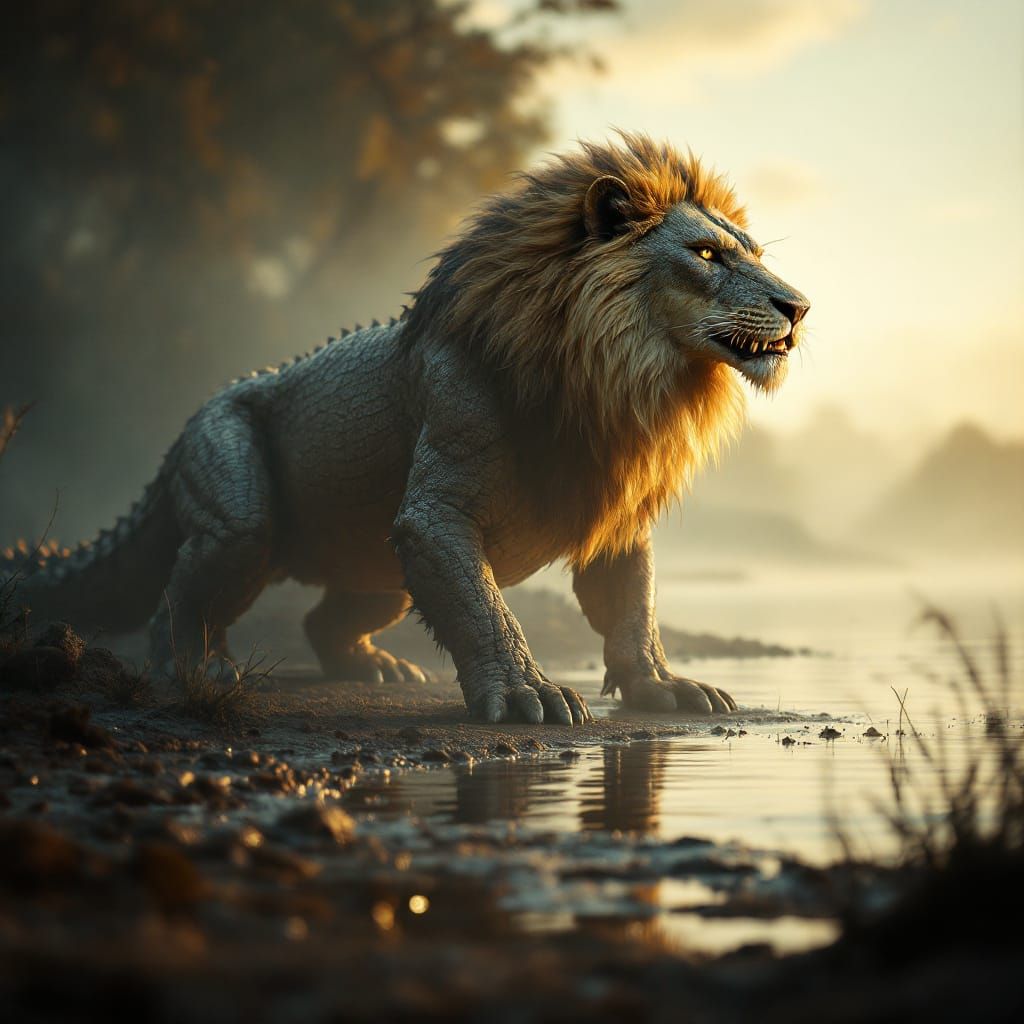 Majestic Lion-Crocodile Hybrid at Dawn: Cinematic Film Still