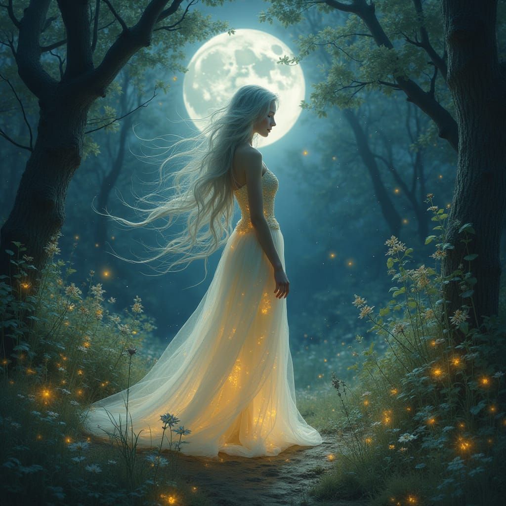 Ethereal Woman in Starlight Gown, Pre-Raphaelite Style