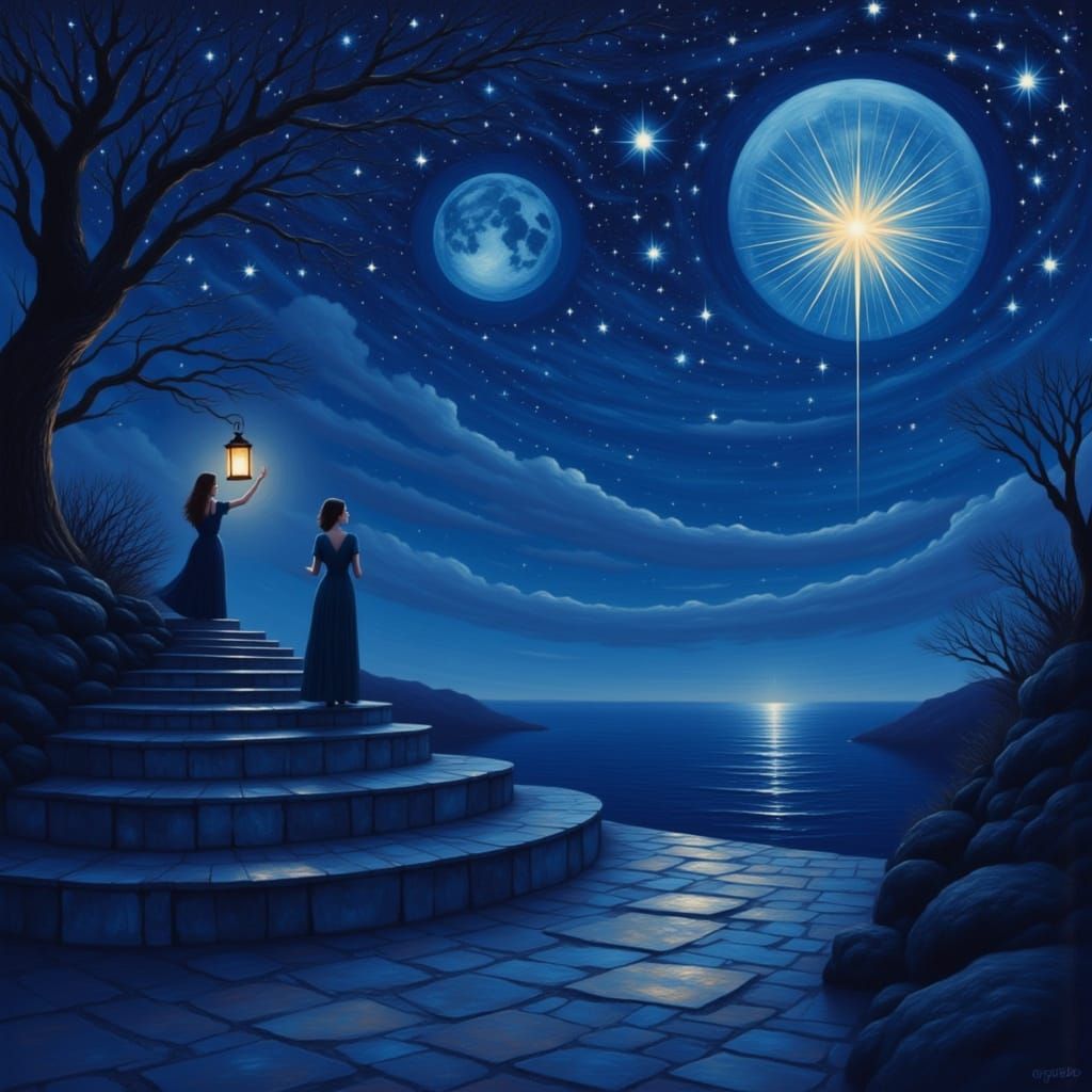 She watches the light of the lantern on the stairs of blue i...