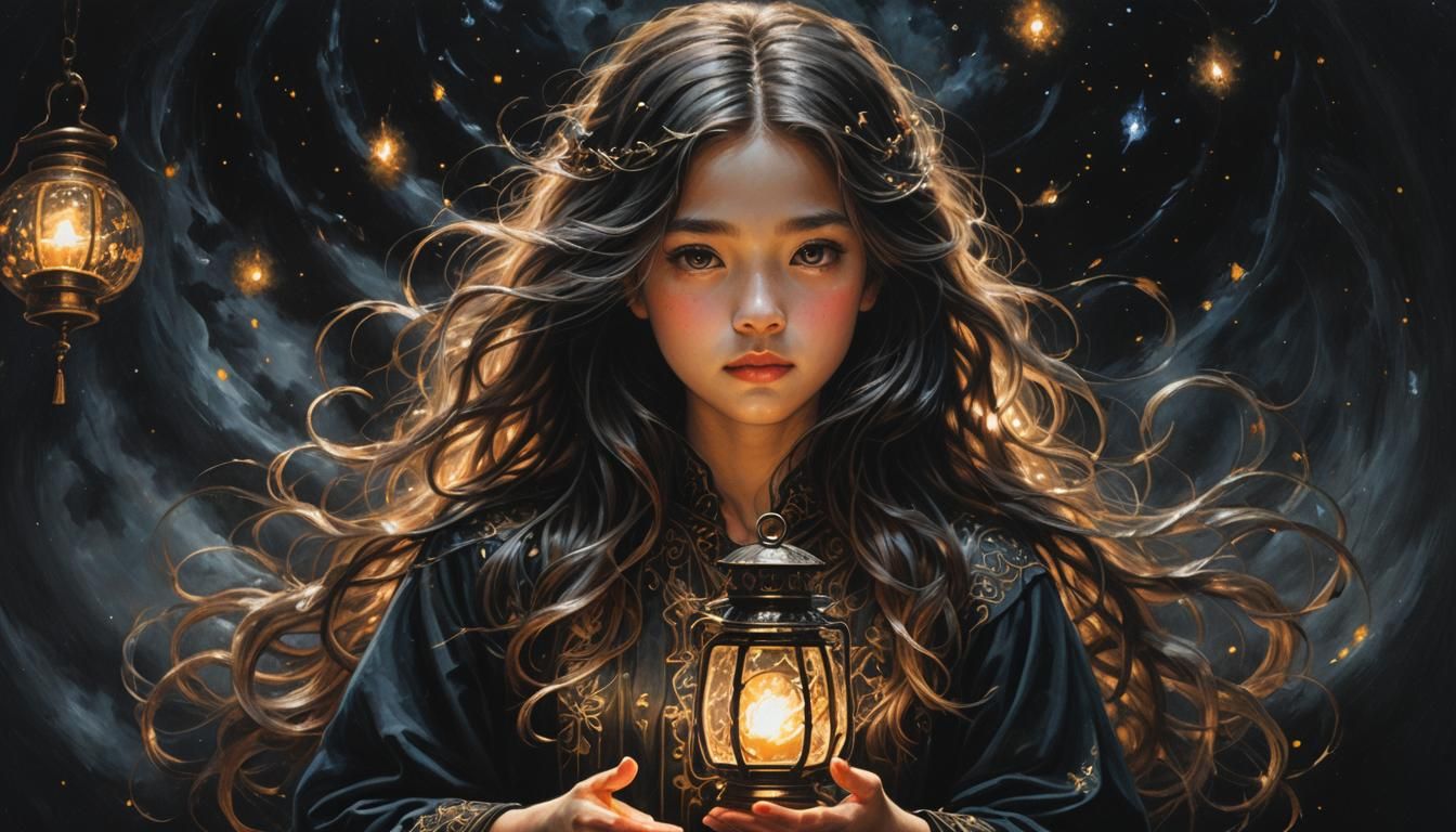 Girl Holds Ornate Lantern in the Darkness
