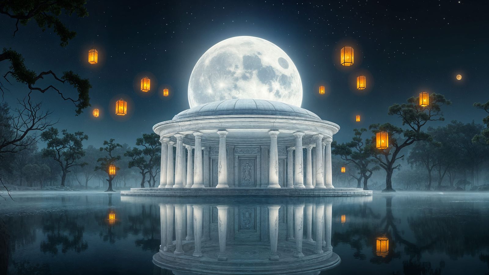 Mystical Moonlit Temple by Mirror Lake