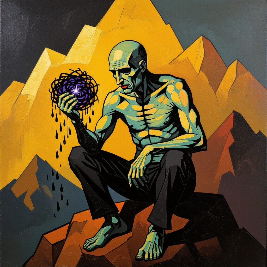 Expressionist Figure on Golden Mountains With Hidden Knife