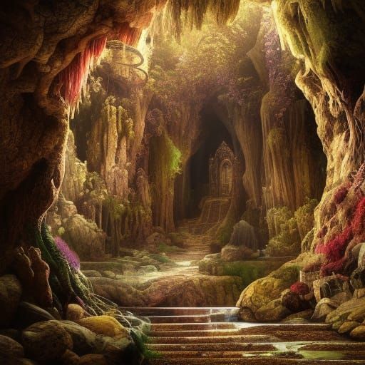 Mystic Tree in Tranquil Cavern: Digital Matte Painting