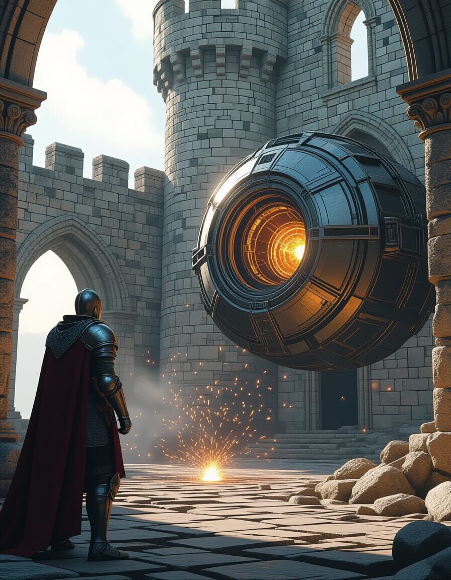 Medieval Knight and Futuristic Time Machine Encounter