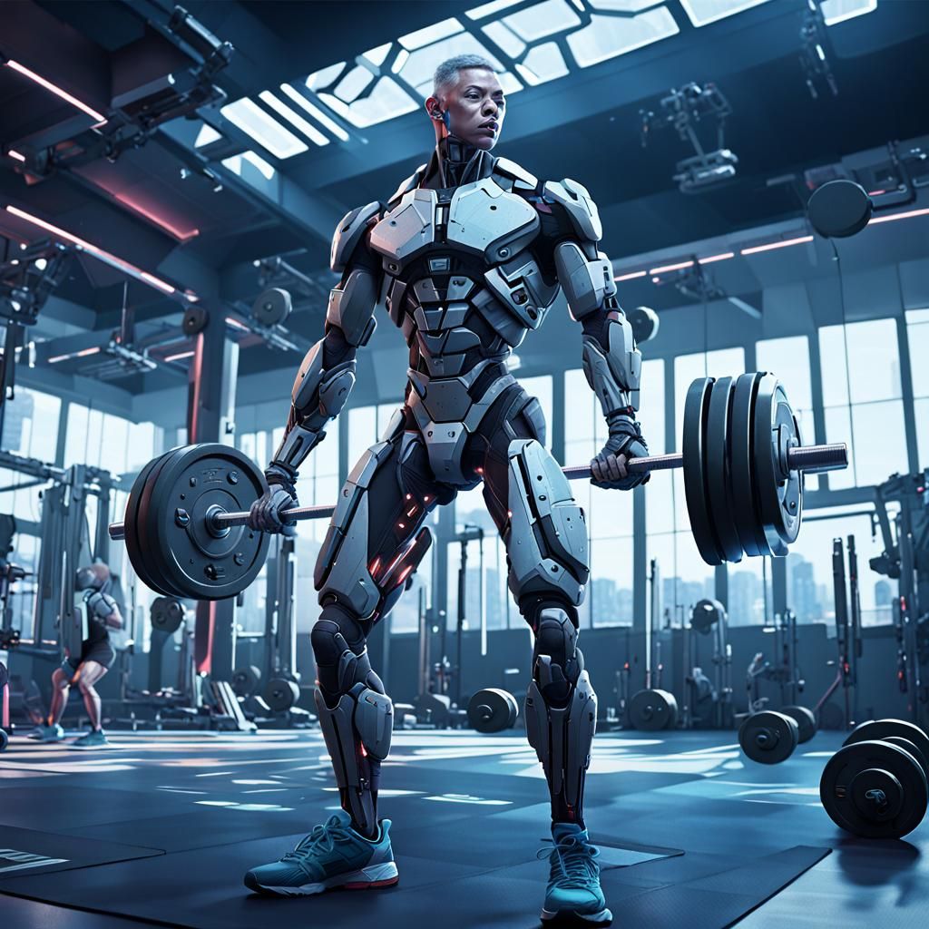Cyborg Lifting Weights in Futuristic Gym, Digital Matte Pain...
